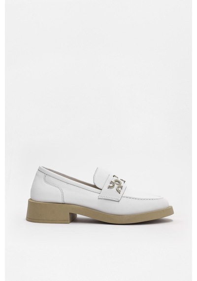 Morris Beyaz Hakiki Deri Gümüş Aksesuarlı Kadın Loafer Beyaz Deri