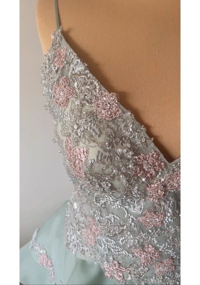 Chica Rosa Fashion Su Yeşili Kristal Taşlı Prenses Elbise - Sage Dream