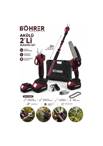 Böhrer Ba011371 2 Akülü 30mm Dal Budama Makası Ve 15cm Testere + Teleskopik Uzatma Kolu