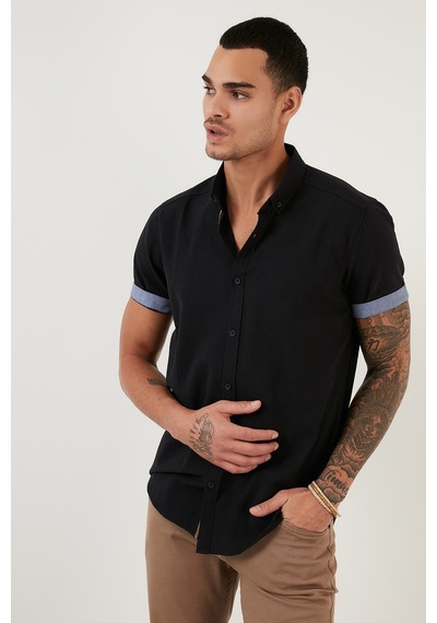 Buratti Pamuklu Slim Fit Düğmeli Yaka Kısa Kollu Erkek Gömlek Cf21S112546 Siyah
