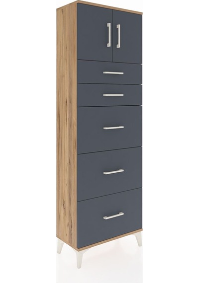 Arges Dolap Tek Raflı 5 Çekmeceli 2 Kapaklı 60x30x182 Çam-ant... Çam