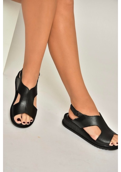 Fox Shoes Y555040903 Siyah Hakiki Deri Comfort Ortopedik Taban Kadın Sandalet Siyah
