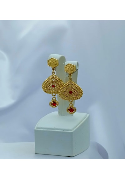 Yeni Sezon Vip Özel Seri Paslanmaz Çelik Kalp'li Kırmızı Taşlı Altın Kaplama Küpe 6 Cm. Gold