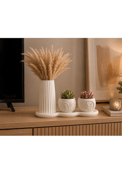 3 Lü Taş Tozu Dekoratif Vazo Seti Pampas & Sukulent Uyumlu El Yapımı Modern Set