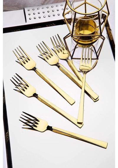 Tatlı Çatal Seti, Gold Renkli, 6 Adet Çatal Seti, Çelik, 16 Cm, Metalik Gold, Paslanmaz, Kutulu Diğer