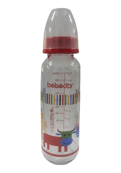 Bebedor 31302 Desenli Cam Biberon 250 ML - Kırmızı Renkli