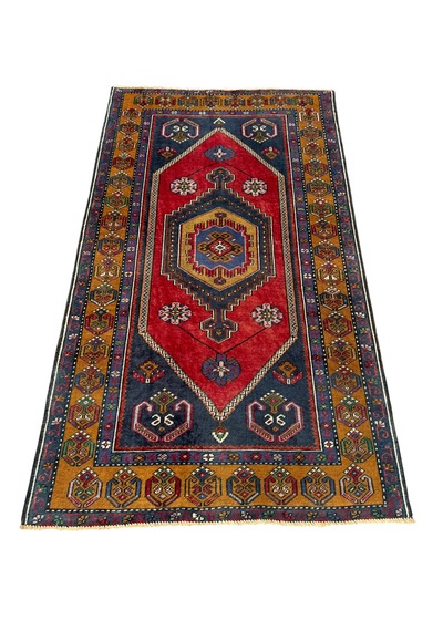 El Dokuma Eskitme İnce Yahyalı 101x175 Kırmızı Lacivert Yün Halı Kırmızı
