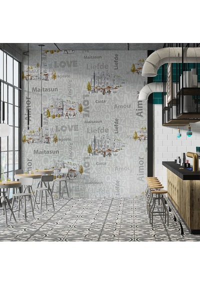 Kafe Harfli Şehirli Gri 16 M2 Duvar Kağıdı 10362-2 Çok Renkli