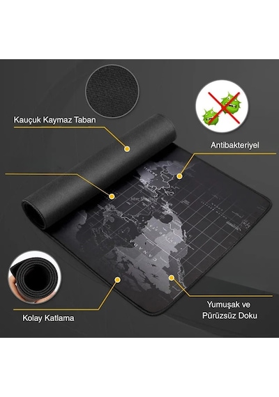 90x40 Cm Mouse Pad, Dünya Haritası Desenli Büyük Mouse Pad, Kaymaz Kauçuk Tabanlı, Dikişli Kenarlı 3 Mm Klavye V