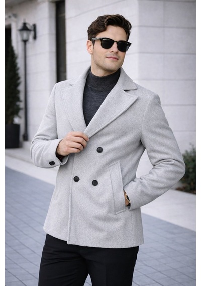 Erkek Casual Kruvaze Midi Boy Kaşe Kaban - Modern Kesim Açık Gri
