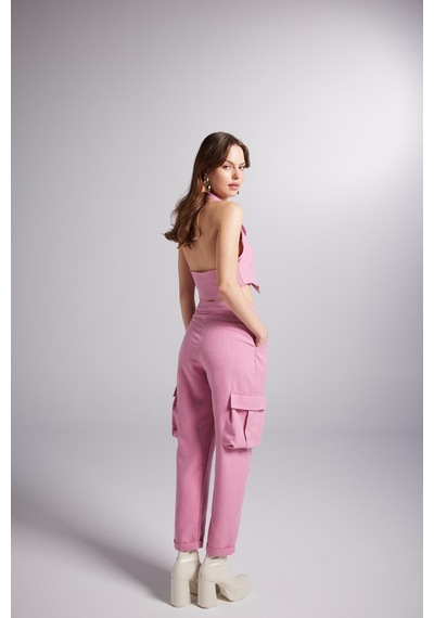 Holly Lolly Yüksek Bel Çizgili Kargo Cep Kira Pantolon Pembe