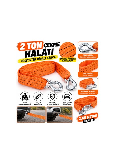 2 Ton 2,60 Metre Polyester Araç Çekme Halatı Vidalı Kancalı Oto Kurtarma Çeki Halatı - 926986511