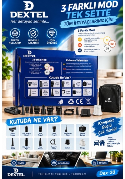 20.000 Pa Şarjlı El Süpürgesi - Hava Üfleyici - Çantalı - 12 Parça Aksesuarlı - 6000 Mah Bataryalı Gri