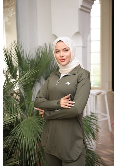 Mimi Luxury Wear Haki Kadın Fermuarlı Dalgıç Kumaş Standart Kalıp Jogger Eşofman Takımı 358