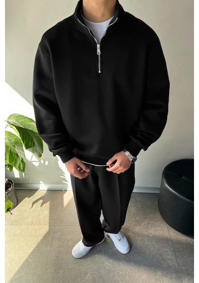 Flaw Half Zip Oversize Polo Yaka Sweatshirt Siyah Sİyah