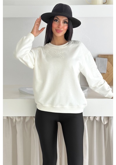 Femelle Beyaz Boncuk Ve Pul İşlemeli %100 Pamuk Sweatshirt - Svt14
