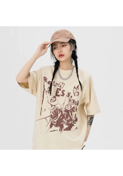 Flood Of Style Bej Rreenness Clup Baskılı Oversize Bisiklet Yaka Erkek Tişört