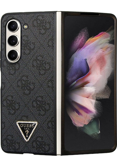 Galaxy Z Fold 5 Uyumlu Kılıf Guess Lisanslı Pu Deri Taşlı Üçgen Logo 4g Desenli Strass Siyah