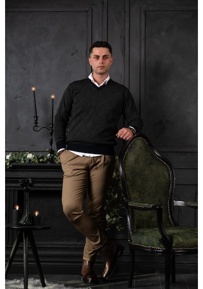Woolen World Yünlü V Yaka Erkek Triko Kazak 001