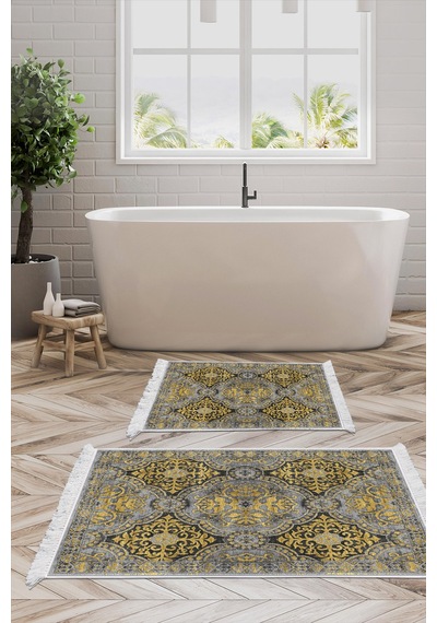 Dekoreko Kaymaz Taban Djt 2 Li Banyo Paspas Takımı Star Pamuk Saçaklı Modern 659m Sarı