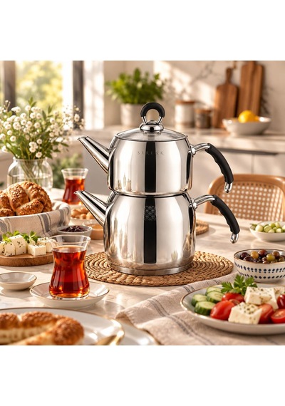 Serenk Excellence Orta Boy Çelik Çaydanlık 1,25 L Demlik, 2 L Suluk Gümüş - Siyah