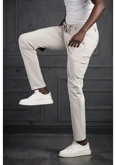 Beli Lastikli Ve İplikli Likralı Yazlık İnce Paraşüt Kumaş Jogger Pantolon Krem
