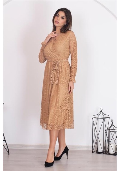 Neşeli Butik Kadın Camel Kuşaklı Kruvaze Yaka Astarlı Dantel Elbise Rssn31 Camel