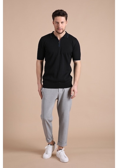 Ferraro Siyah Polo Yaka Fermuarlı Erkek Pamuk Triko T-Shirt-Siyah (417942930) Siyah