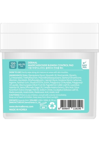 Dermal Madecassoside Blemish Control Pad 120 Li Gözenek Arındırıcı Ve Sivilce Karşıtı Tonik Ped 200 Ml