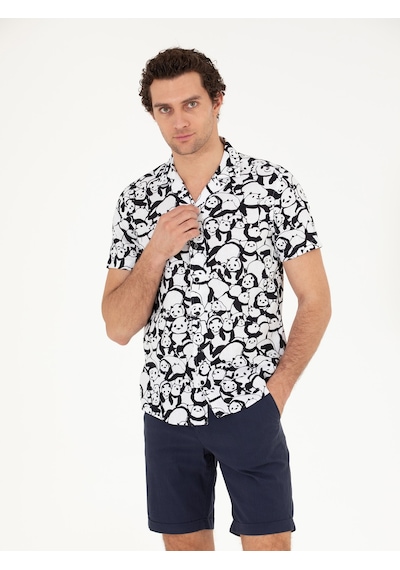 Cacharel Siyah Slim Fit Keten Karışımlı Kısakol Gömlek