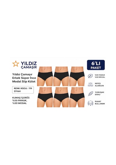 Yıldız Çamaşır Erkek Süper İnce Yazlık Modal Slip Külot 118-119 - 6 Adet Siyah