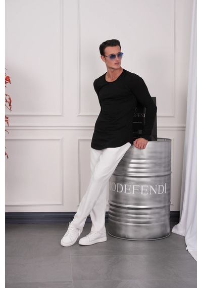 Modefendi Slim Fit Oval Kesim Uzun Kollu Pamuk Basic Tshırt Siyah