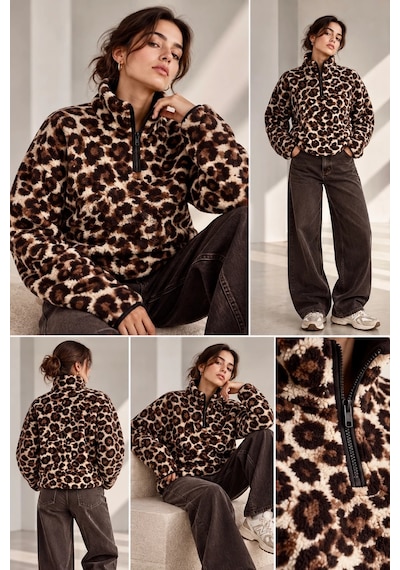 Bbbutikbasic Dik Yaka Yarım Fermuarlı Desenli Polar Sweatshirt My3535 Kahverengi Leopar Bbbutikbasic Dik Yaka Yarım Fermuarlı Desenli Polar Sweatshirt My3535 Kahverengi Leopar