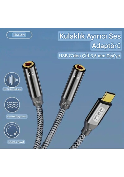 Riksoin Type-c To 3.5mm Aux Ses Kulaklık Ayırıcı 2'si 1'arada