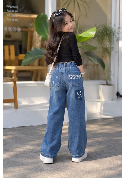 Minigimin Cicileri Kız Çocuk Çiçek Nakışlı Bol Paça Denim Pantolon - Mavi