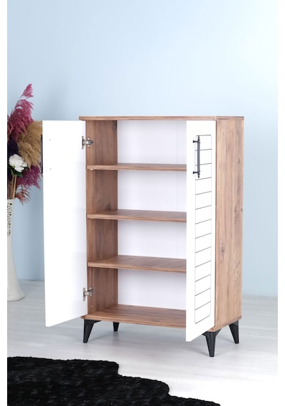 Luna 2 Kapaklı 4 Bölmeli Modern Ayakkabılık - Beyaz / Çam Desenli