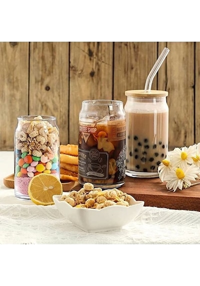 Bambu Kapaklı 2 Li Cam Bardak Seti - 300ml Isıya Dayanıklı Cam Pipetli Ve Fırçalı Şeffaf