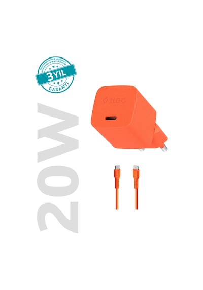 Smartcharger Gan 20w Pd Seyahat Hızlı Şarj Aleti + Usb-c - Usb-c 3a Kablo Neon Neon Turuncu