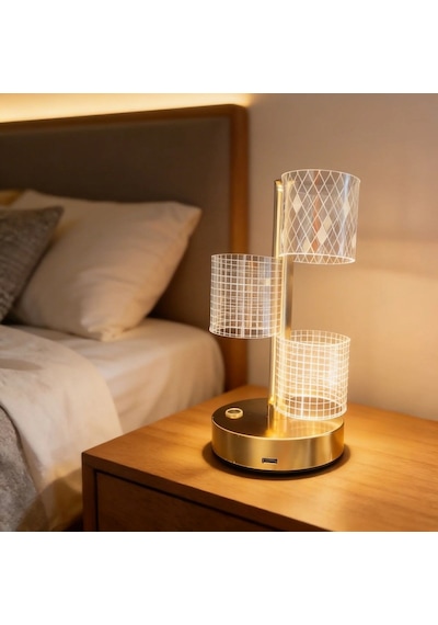 3 Parça Silindirik Kristal Ekose Kareli Led Masa Lambası Gold Gövdeli, Dokunmatik, 3 Kademe Işık Ayarlı Şarjlı Dekoratif Lamba 5570 Sarı
