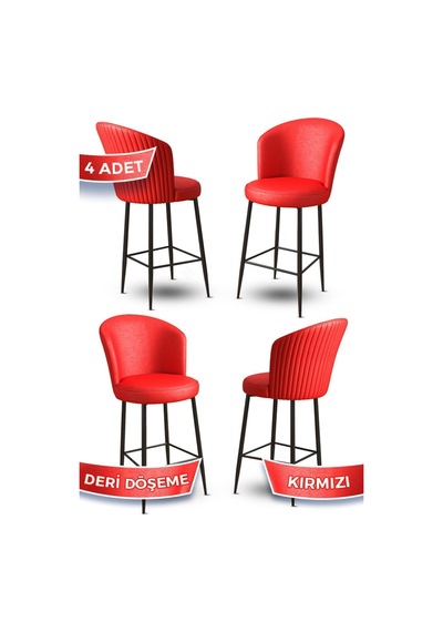 Canisa Uras Serisi 4 Adet Kırmızı Deri Bar Sandalyesi Deri Ada Mutfak Sandalyesi Siyah Metal Ayaklı Sandalye Kırmızı Ayaklar Siyah
