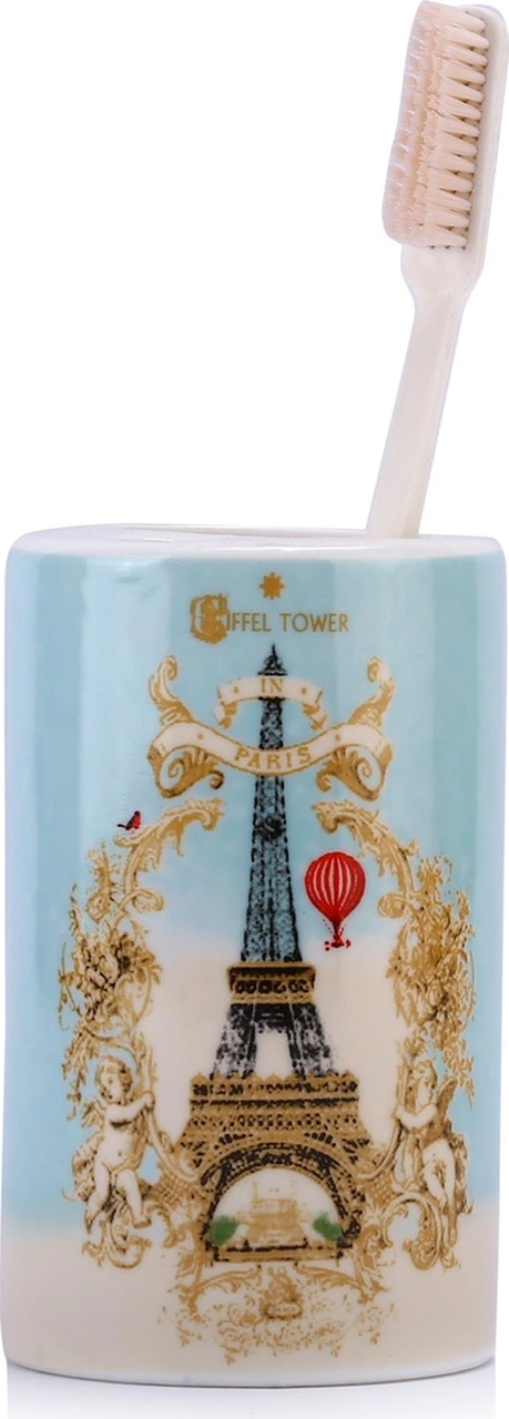 2 Adet Seramik Diş Fırçalık Romantik Yeşil Model 7x7x11cm Banyo Seti Çok Renkli