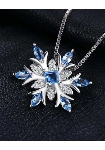 Brezza Lusso Jewelry  Aquamarin Taşlı Özel Tasarım Kar Tanesi Kadın Gümüş Kolye 45 CM 45 CM