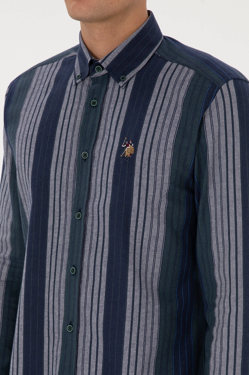 U.S. Polo Assn. Erkek Koyu Yeşil Çizgili Uzun Kollu Gömlek 50308219-VR079