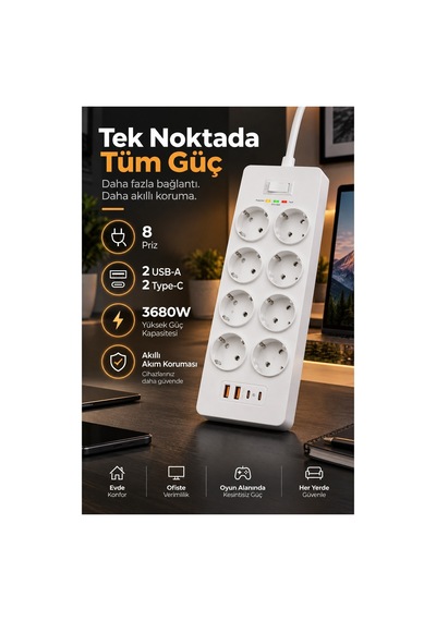 Robeve Fulltech 3680w 8 Li Akım Korumalı Uzatma Prizi - 2 Usb-a 2 Type-c, 2 Metre Kablo, Akıllı Koruma Sistemli Çoklu Priz Çoğaltıcı Grup Priz 8'li Priz 8'li Fiş Grup Fiş 2 M