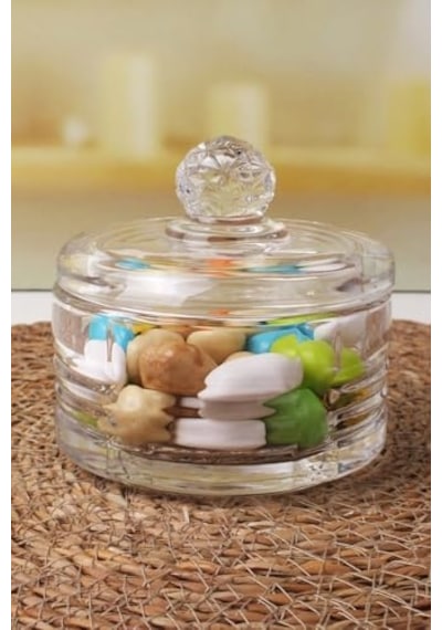 Lüx Kapaklı Cam Şekerlik & Cam Lokumluk, Kesme Cam Lüx Şekerlik 10cm 10.5cm - 4 Model 06648 Açık Kahverengi