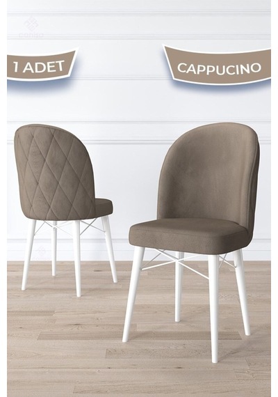 Canisa Bika Serisi 1 Adet Cappucino Mutfak Sandalyesi Beyaz Gürgen Ayaklı 1. Sınıf Babyface Kumaş Sandalye Cappucino Ayakları Beyaz