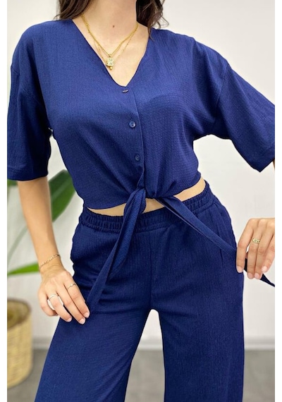 Trend Alisse Lacivert Önden Bağlamalı Crop Palazzo Alt Üst Takım