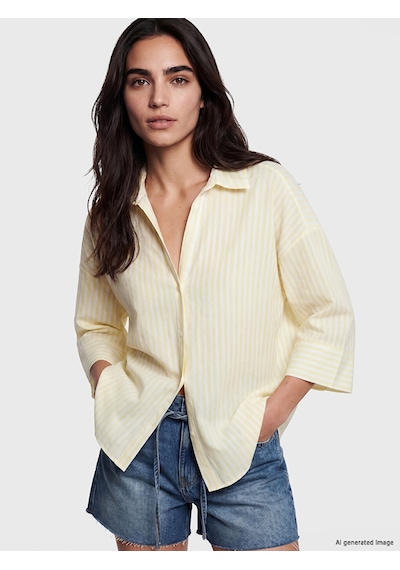 Lcw Vision Sarı Çizgili Oversize Poplin Kadın Gömlek