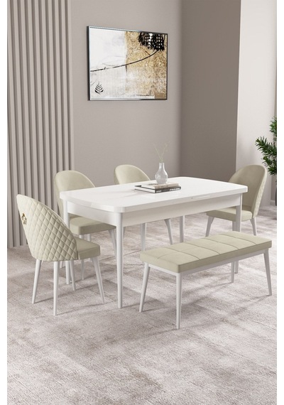 Milas Beyaz 80x132 Mdf Açılabilir Yemek Masası Takımı 4 Sandalye, 1 Bench Krem