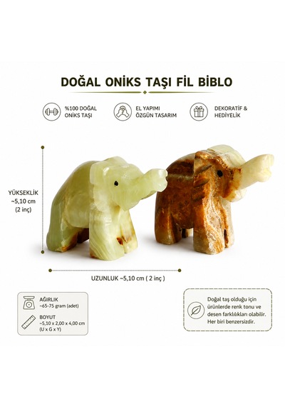 Doğal Oniks Taşı Fil Biblo 2 İnç 5,1 Cm El Yapımı Dekoratif Fil Figürü Masa Üstü Ev Ofis Dekoru Hediyelik Doğal Taş Biblo 2li Set